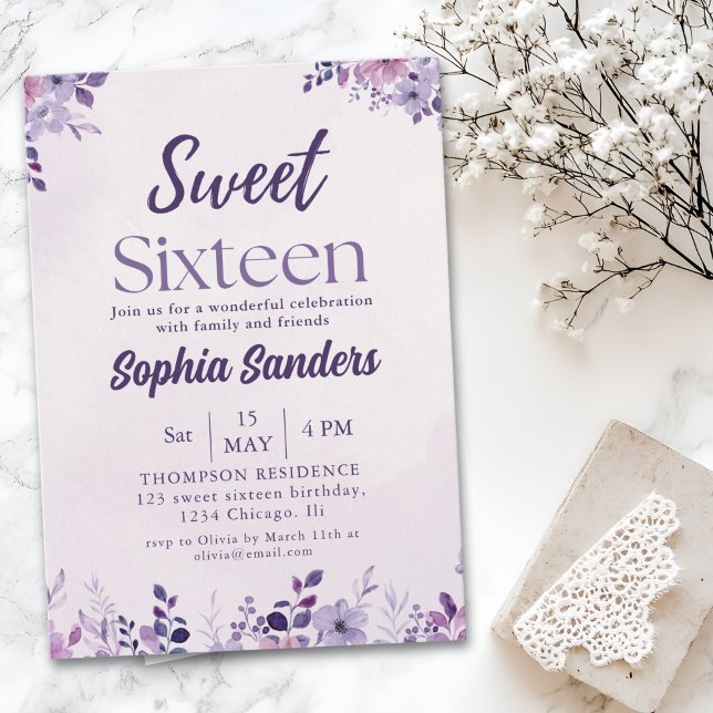 Watercolor Purple Flowers Sweet Sixteen Inbjudningar (Skapare uppladdad)