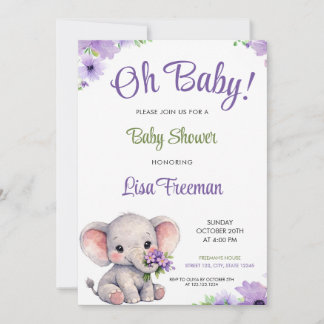 Watercolor Purple & Green Elephant Baby Shower Inbjudningar