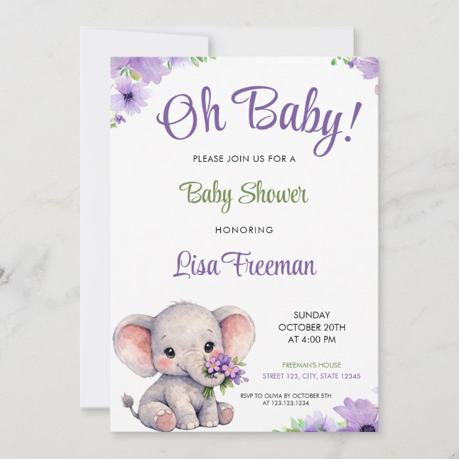 Watercolor Purple & Green Elephant Baby Shower Inbjudningar (Framsida)