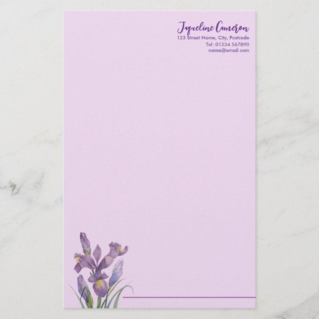 Watercolor Purple Iris Botanical Illustration Brevpapper (Framsida)