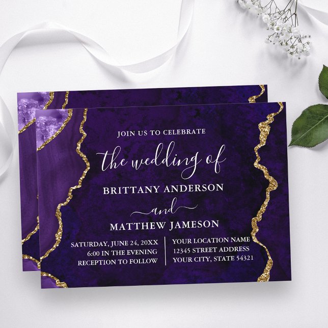 Watercolor Purple Marble Gold Wedding Inbjudningar (Customize to change text size, text style or to add more text to back of card.)