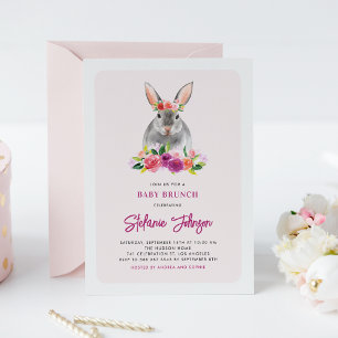 Watercolor Rabbit och Lila blommor Baby Brunch Inbjudningar