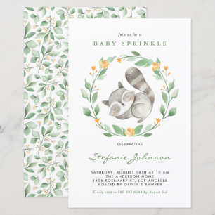 Watercolor Raccoon Greenery Baby Sprinkle Inbjudan