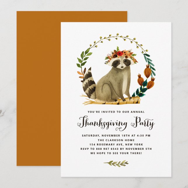 Watercolor Raccoon WAN Thanksgiving Party Inbjudningar (Fram/baksida)