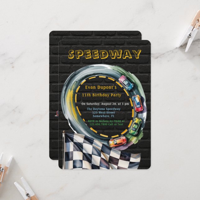 Watercolor Race Track Boy Birthday Party Inbjudningar (Fram/Back In Situ)