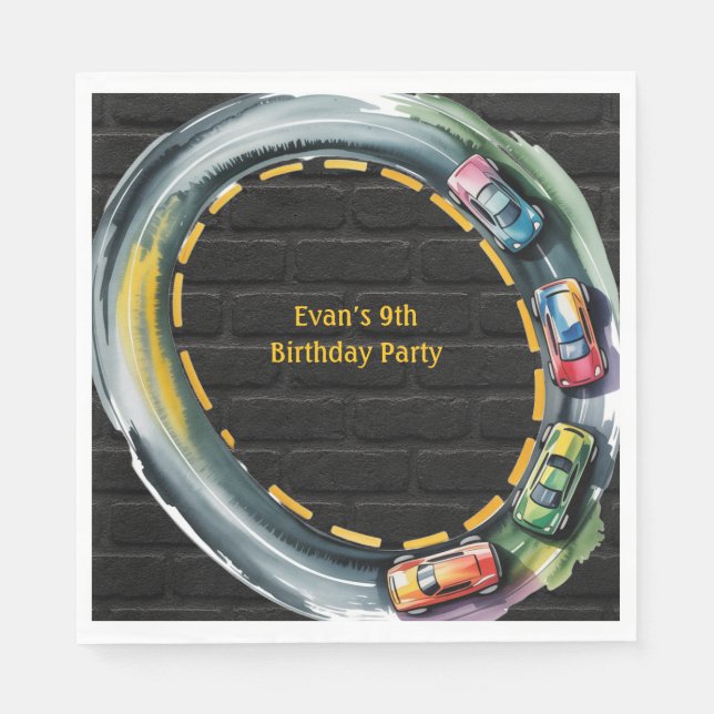 Watercolor Race Track Boys Birthday Party Pappersservett (Framsidan)