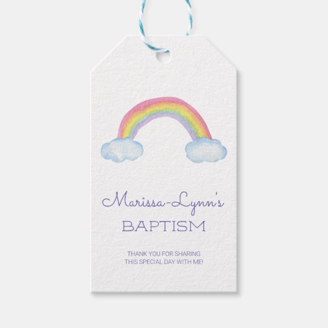 Watercolor Rainbow and Clouds Baptism Christening Presentetikett (Framsidan)