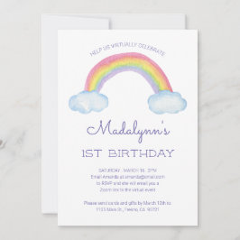Watercolor Rainbow Barn Virtuell Online Birthday Inbjudningar