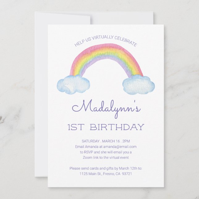 Watercolor Rainbow Barn Virtuell Online Birthday Inbjudningar (Framsida)