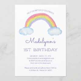 Watercolor Rainbow Barn Virtuell Online Birthday Inbjudningar