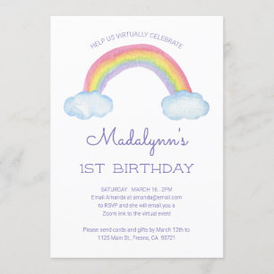 Watercolor Rainbow Barn Virtuell Online Birthday Inbjudningar