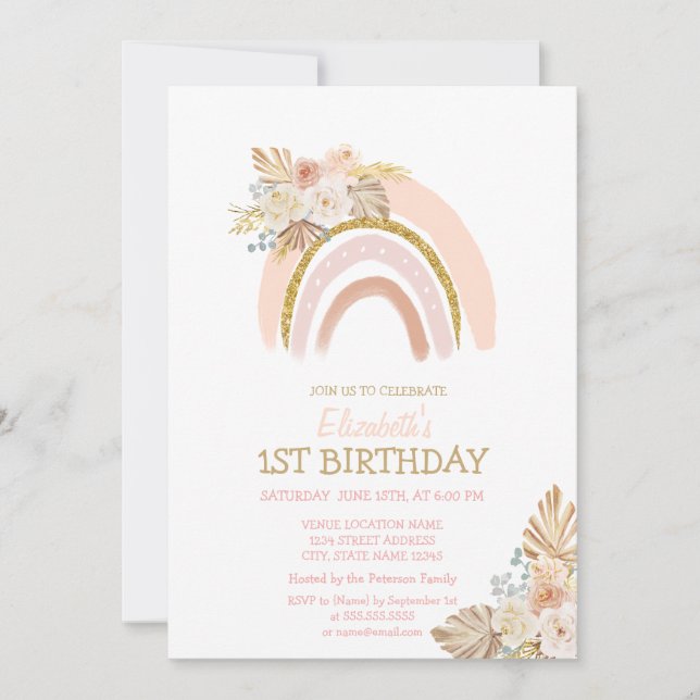 Watercolor Rainbow Boho Flowers Stripe Birthday Inbjudningar (Framsida)