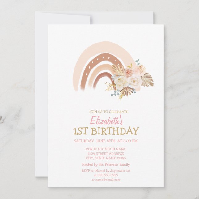 Watercolor Rainbow Boho Flowers Stripe Birthday Inbjudningar (Framsida)