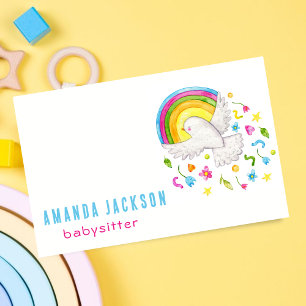Watercolor Rainbow Flowers Bird Babysit Kids Visitkort