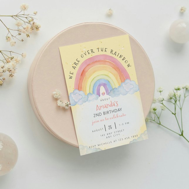 Watercolor Rainbow Födelsedagsfest inbjudan (Watercolor Rainbow Birthday Party Yellow)