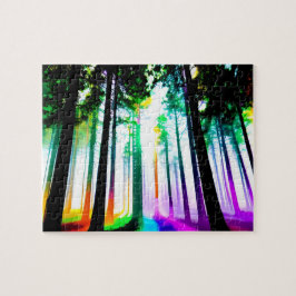 Watercolor Rainbow Forest med Silhouette Träd Pussel