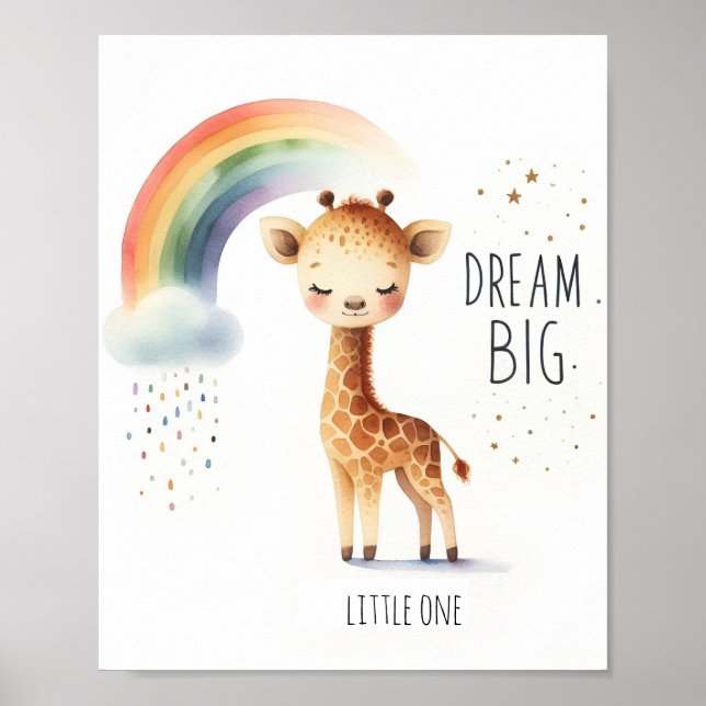 Watercolor Rainbow Giraffe Dream Big Poster (Framsidan)