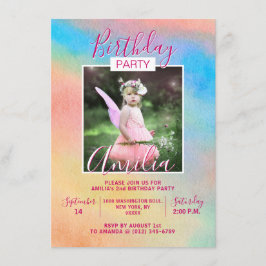 Watercolor Rainbow Girl Födelsedagsfest | PHOTO Inbjudningar