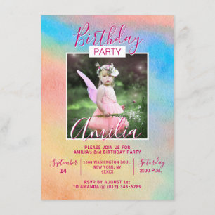 Watercolor Rainbow Girl Födelsedagsfest PHOTO Inbjudningar