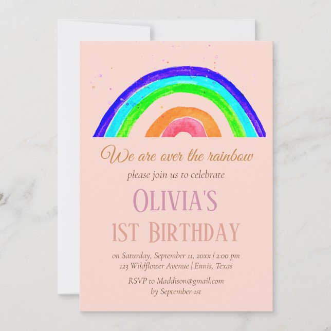 Watercolor Rainbow Girly First Birthday Birthday Inbjudningar (Framsida)