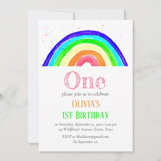 Watercolor Rainbow Girly First Birthday Birthday Inbjudningar (Framsida)