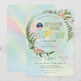 Watercolor Rainbow Holograph Bonjour Boy Baby Inbjudningar