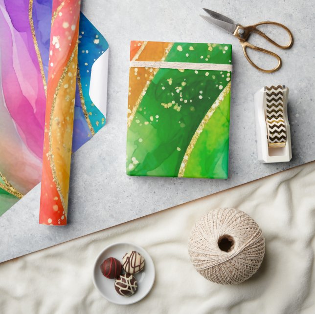 Watercolor Rainbow och Guld Glitter Alcohol Bläck Presentpapper (Hantverk)