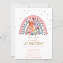 Watercolor Rainbow Pony Flowers Birthday Inbjudningar