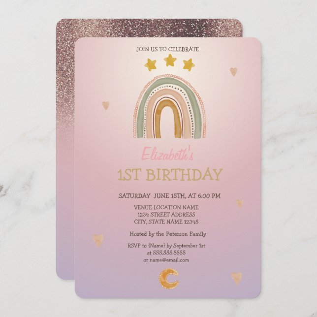 Watercolor Rainbow Stars Hears Glitter Birthday Inbjudningar (Fram/baksida)