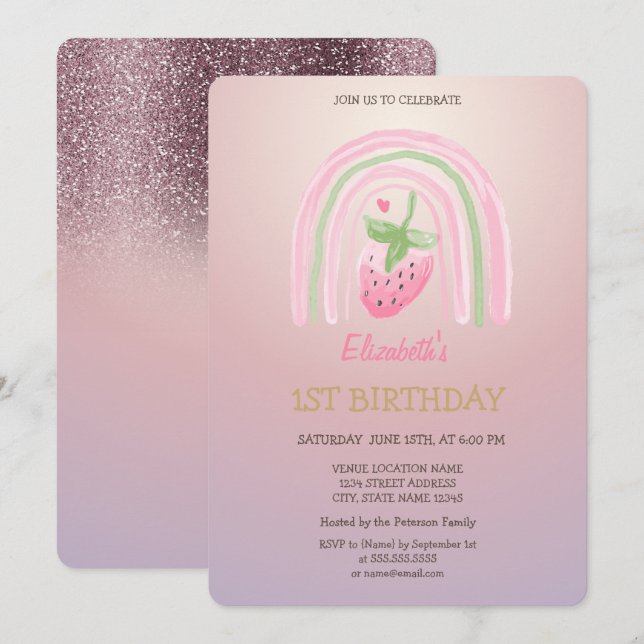 Watercolor Rainbow Strawberry Glitter Birthday Inbjudningar (Fram/baksida)