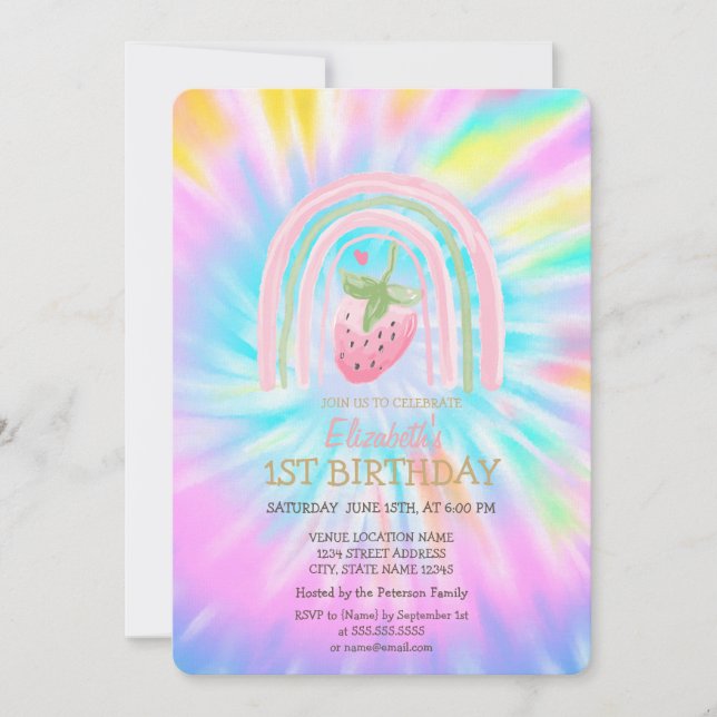 Watercolor Rainbow Strawberry Tie Dye Birthday Inbjudningar (Framsida)