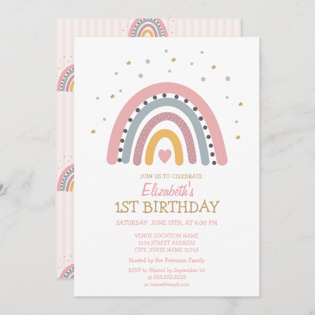 Watercolor Rainbow Stripe Birthday Inbjudningar (Fram/baksida)