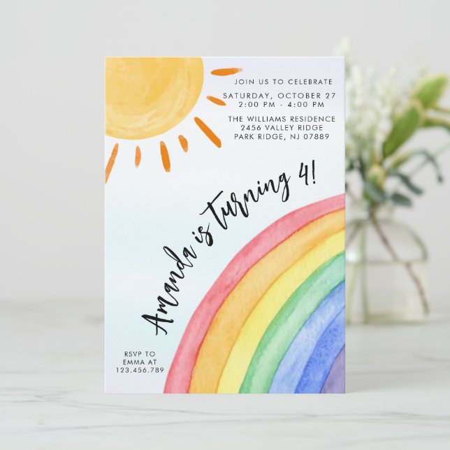 Watercolor Rainbow Sunshine Birthday Inbjudningar (Stående Fram)