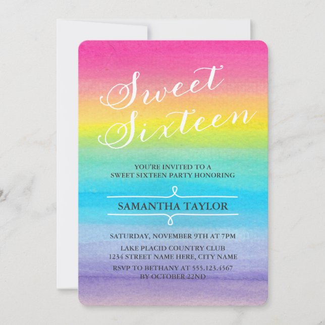 Watercolor Rainbow Sweet sixteen Party Inbjudan (Framsida)
