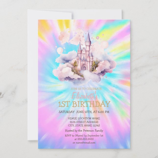 Watercolor Rainbow Tie Dye Castle Birthday Inbjudningar (Framsida)