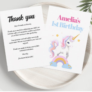 Watercolor Rainbow Unicorn 1:a födelsedagen Tack Kort