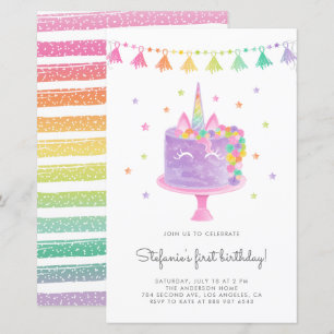 Watercolor Rainbow Unicorn Cake Birthday Inbjudan