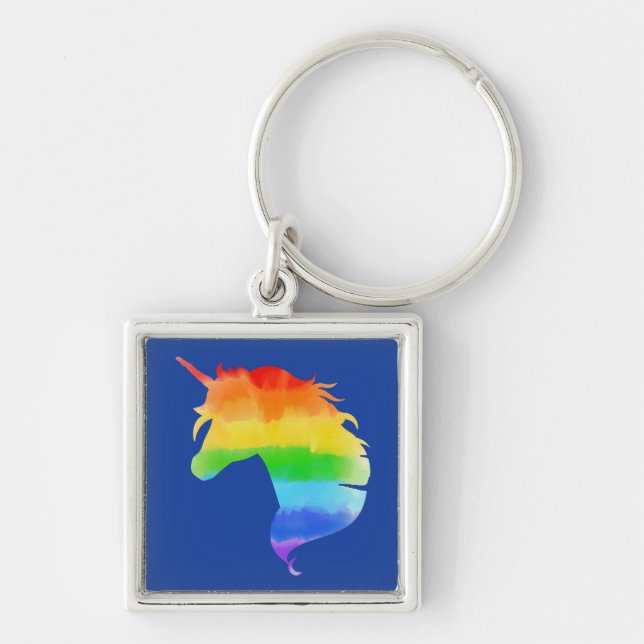 Watercolor Rainbow Unicorn Fyrkantig Silverfärgad Nyckelring (Framsidan)