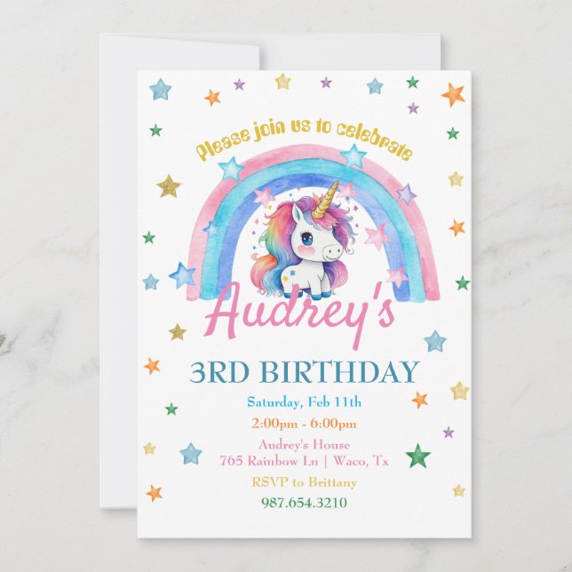 Watercolor Rainbow Unicorn Girl Birthday Inbjudningar (Framsida)