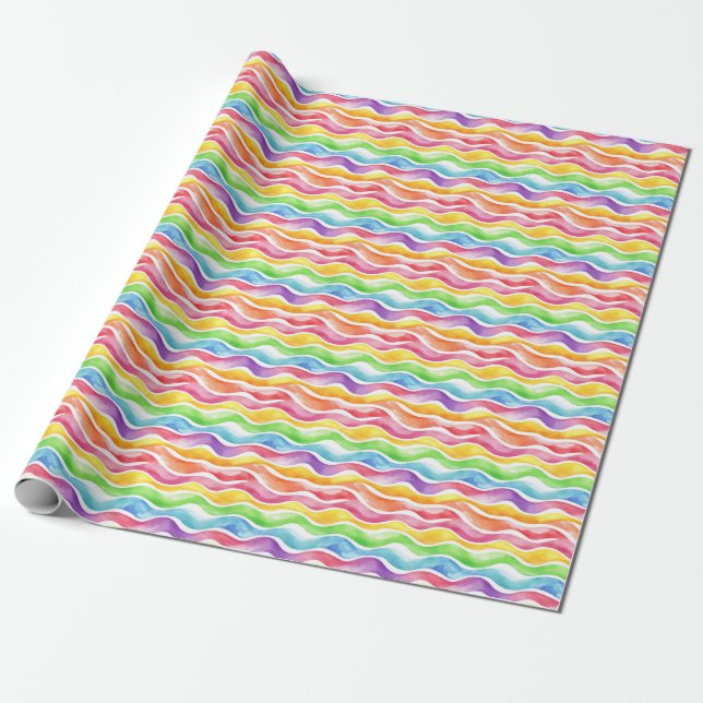 Watercolor Rainbow Vågigt Linjer på vitt Presentpapper (Utrullad)