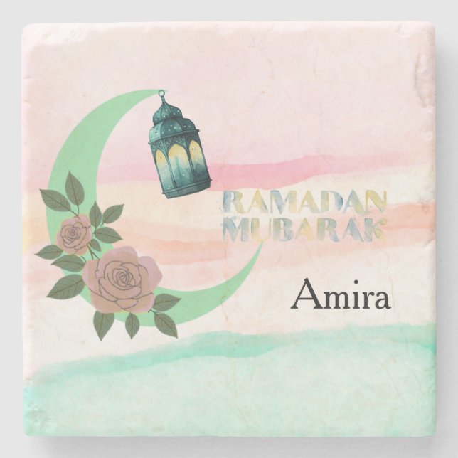 Watercolor Ramadan – Halvmåne  Stenunderlägg (Framsidan)