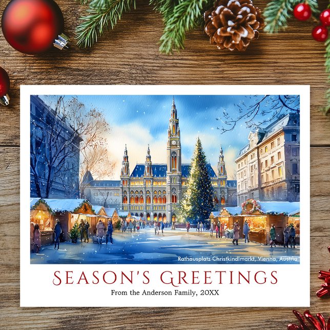 Watercolor Rathausplatz Wien-jul Helg Vykort (Watercolor Rathausplatz Vienna Austria Christmas Holiday Postcard)