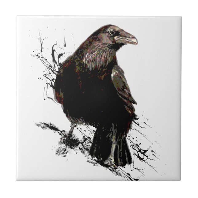 Watercolor Raven Bird Animal Art Kakelplatta (Framsidan)