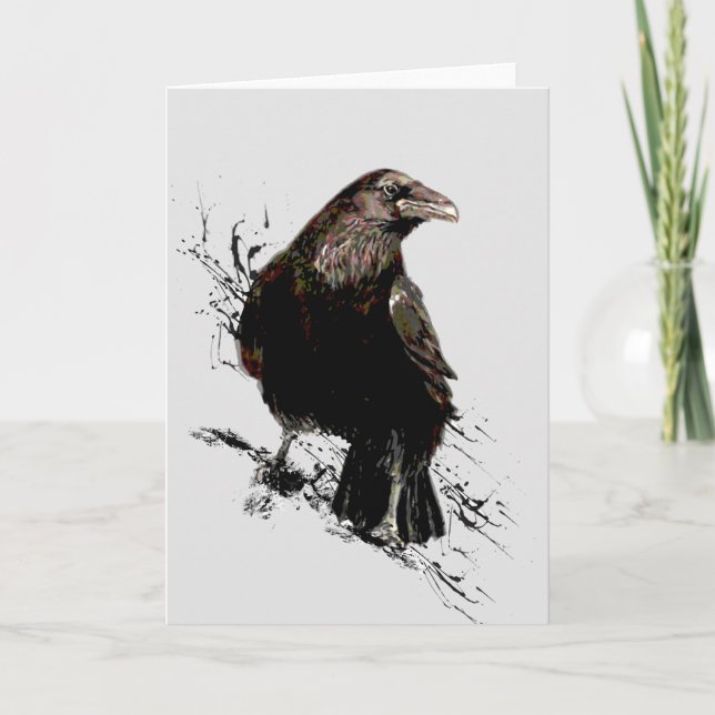 Watercolor Raven Bird Animal Art Kort (Framsida)