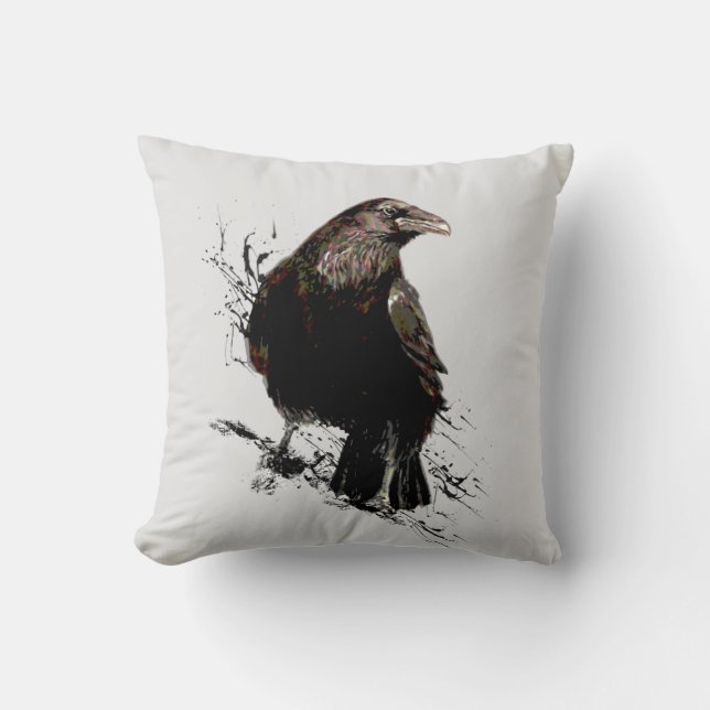 Watercolor Raven Bird Animal Art Kudde (Framsida)
