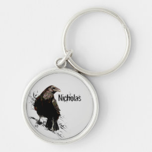 Watercolor Raven Bird Animal Customize Namn Rund Silverfärgad Nyckelring