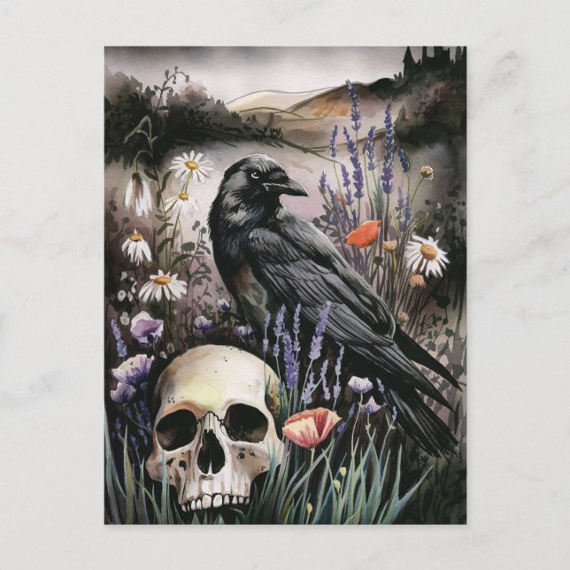Watercolor Raven och Skull Wildblomma Fält Vykort (Framsida)