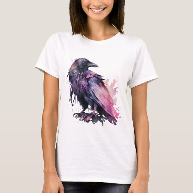 Watercolor Raven - Rosa T Shirt (Framsida)