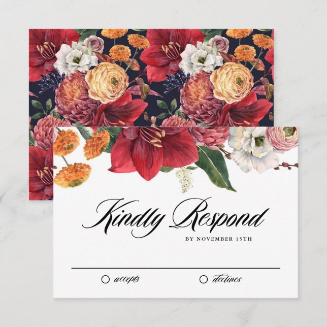 Watercolor Red Amaryllis Botanical Winter Wedding OSA Kort (Fram/baksida)