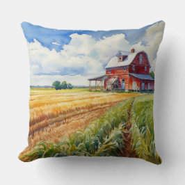 Watercolor Red Barn och Maj Fält Kudde